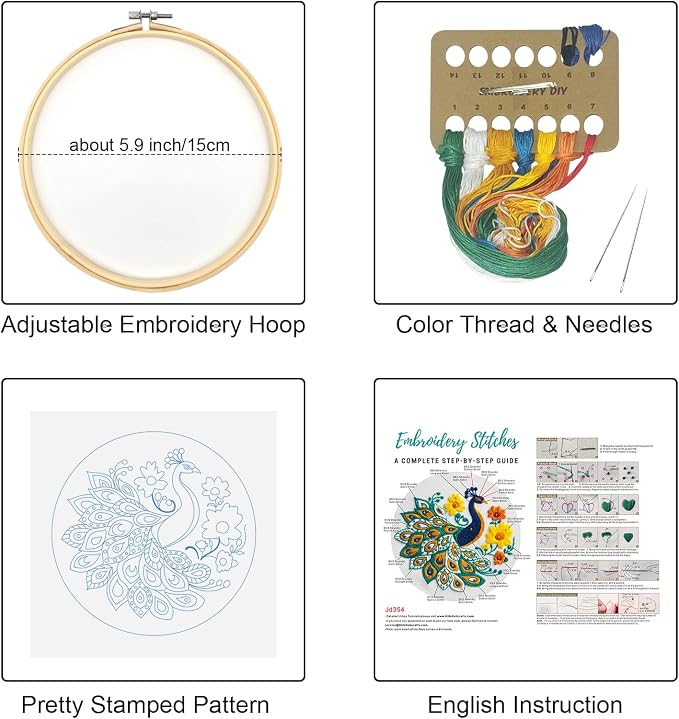 Louise Maelys Embroidery Kit for Beginners Peacock Floral DIY for Adults | Pre-Printed Fabric, Hoop, Threads, Needles, Guide Included for DIY Crafting. Enjoy Cross Stitch Kits. Explore Needlepoint Kit