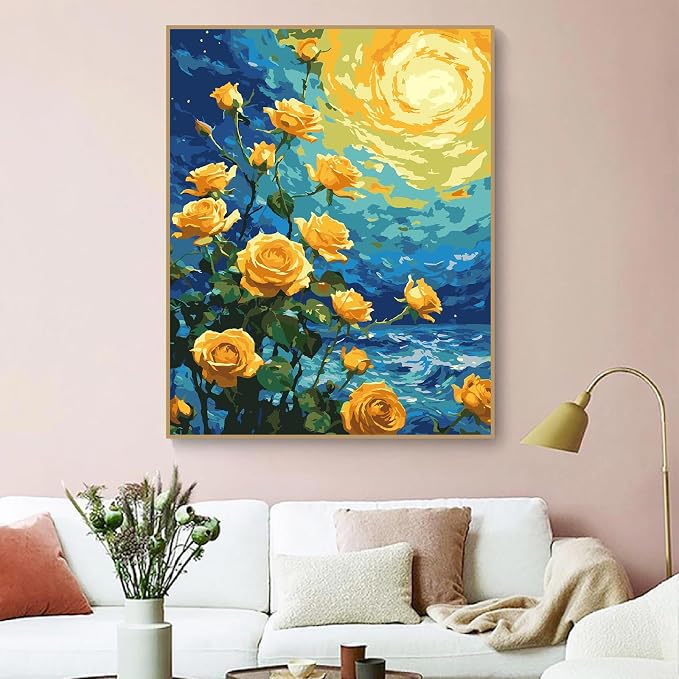 ZRIZQ Flowers Paint by Numbers Kit for Adults Beginner,Yellow Roses,16x20