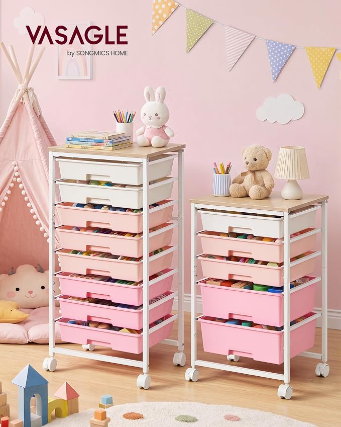 VASAGLE Rolling Cart with Drawers,5 Drawers Storage Cart, Pink
