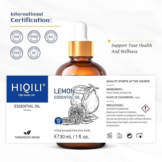 HIQILI Lemon Essential Oil for Cleaning, Diffuser & Skin
