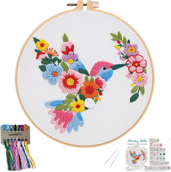 Nuberlic Embroidery Kit for Beginners with Bird and Flower Pattern | Adults Starter Cross Stitch Kit DIY Needlepoint with Hoop, Pre-Printed Fabric, Threads & Step-by-Step Guide