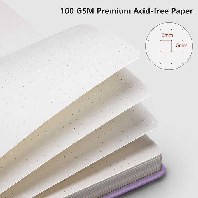 RETTACY Dotted Journal Notebook, 192 Pages, A5 Medium Size (5.7'' x 8.3'') | Leather Hardcover, 100 GSM Thick Paper, for Journaling, Planning, Tracking (Purple)