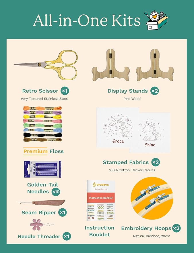 Bradove Unicorns Embroidery Kit for Beginners with Patterns | Beginner Embroidery Kit for Adults and Kids, Hand Embroidery for Beginners, Learn to Embroider Kit Adult Beginner