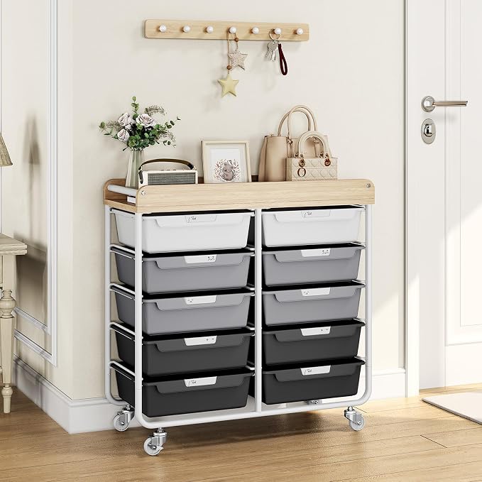 10 Drawer Rolling Storage Cart with Wood Top for Classroom Crafts Grey | Easy Setup, Large Capacity, Sturdy Build, Lockable Mobility, For office, classroom and home supplies