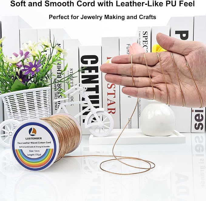 LUSTEMBER 1mm Faux Leather Waxed Cotton Cord, 175 Yards – Durable Necklace String, Soft and Textured Cord for Necklaces, Bracelets, and Jewelry Making