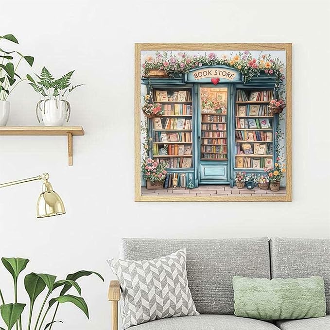 Book Store Diamond Art Kits for Adults,Flower Book Shop Diamond Painting Kit for Beginners, Round 5D DIY Dimond art,Full Drill Painting Kit Art and Crafts for Adults Home Wall Decor【13.8x13.8inch】
