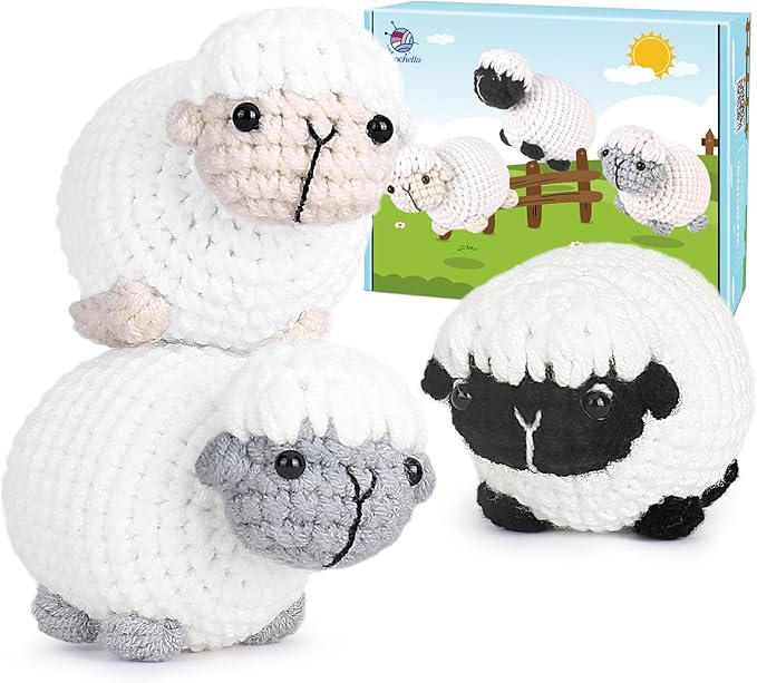 Crochet Kit for Beginners, Crochet Starter Kit with Step-by-Step Video Tutorials, Amigurumi Crochet DIY Knitting Supplies for Teenagers Adults, 3-Pack Little Lambs (40%+ Yarn)
