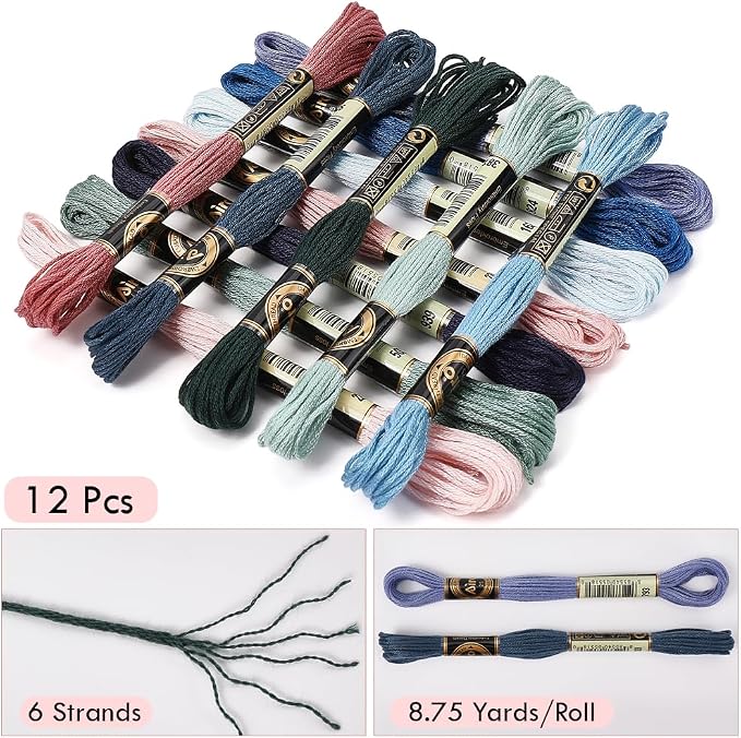 12 Skeins 105 Yards 6 Ply Embroidery Thread Floss Variegated Thread Dark Blue Green Cross Stitch Friendship Bracelet String for Jewelry Making Bracelet Knitting Stitching DIY Craft Supplies
