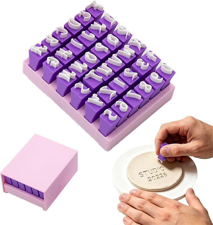 Purple Alphabet Stamps for Clay – 36 Pcs (Uppercase Letters & Numbers 0-9 Set), Essential Clay Letter Stamps for Pottery, Ceramics, Concrete, DIY Craft Tools with Storage Box