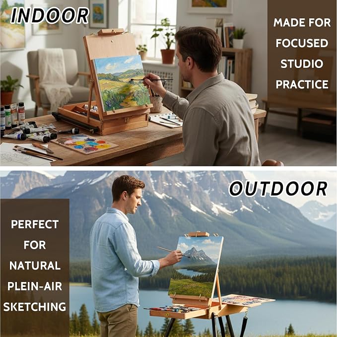 Falling in Art Light Weight French Style Field and Sketchbox Easel | Adjustable Beechwood Tripod standing easel with Aluminum Tripod, Drawer, Palette for Painting & Drawing