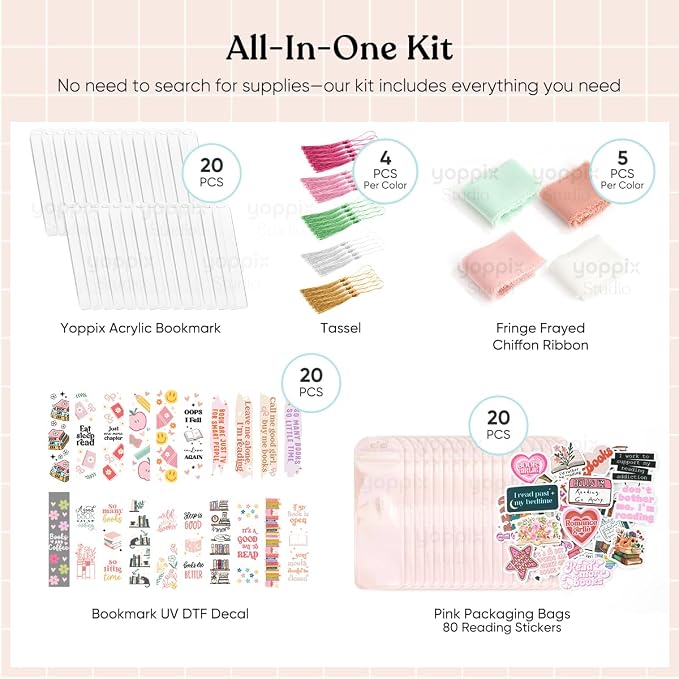 180 Pcs Acrylic Bookmark Blanks- 20 Set Bookmark Making Kit with 20 UV DTF Stickers About Book Lover Theme 20 Tassels 20 Ribbon 80 Bookish Stickers for DIY Your Crafts Gift for Book Lover