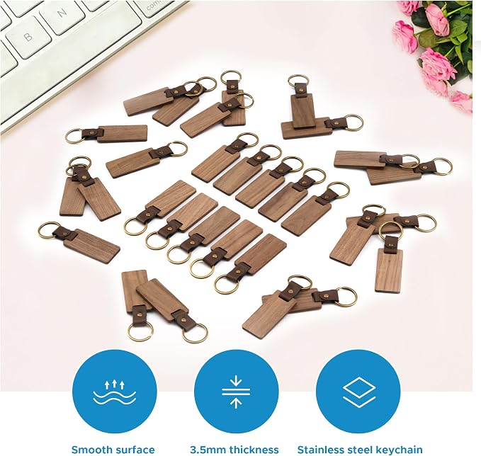 OMTech Wooden Keychain Blanks, Wood Key Chain Bulk, Unfinished Wooden Key Rings Key Tags for Laser Engraving DIY Craft Gift
