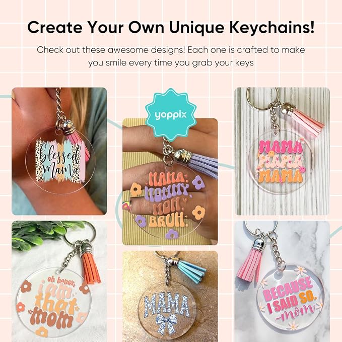 YOPPIX 140 PCS Acrylic Keychain Blank Set, Mama Double-Sided UV DTF Stickers Acrylic Keychain Making Kits for Vinyl DIY Craft Project