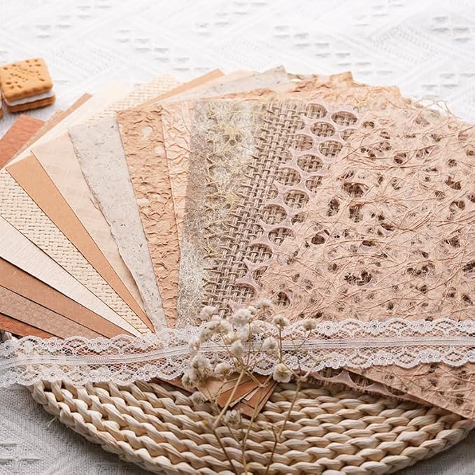 15Pcs Handmade Scrapbook Art Paper Craft Textured Paper Colorful A5 sheet Mesh Special Mix for Scrapbooking Junk Journal Journaling Supplies DIY Materials,5.8x8.2 inches (Brown)