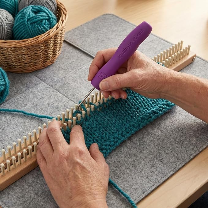 Authentic Knitting Board Ergonomic Loom Knitting Hook/Tool, Loom Hook Tool with Rubber Comfort Grip, Easy on Wrists & Arthritic Hands, Fits All Knitting Looms (3 Pack) Orange, Purple, Green Hooks