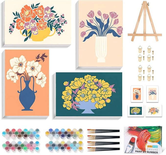 4 Pack Paint by Numbers Kit for Adults with Frame, Flowers & Floral Vase | DIY Acrylic Painting Kit with Wooden Easel, Framed Paint by Number for Beginners, Home Wall Decor & Gift, 8 x 12 Inch