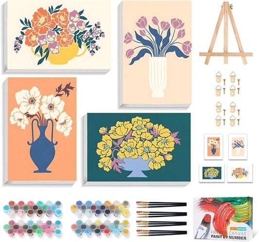 4 Pack Paint by Numbers Kit for Adults with Frame, Flowers & Floral Vase | DIY Acrylic Painting Kit with Wooden Easel, Framed Paint by Number for Beginners, Home Wall Decor & Gift, 8 x 12 Inch