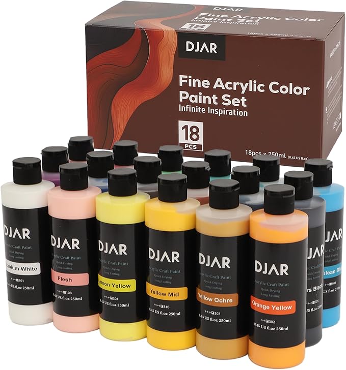 DJAR 18 Colors Acrylic Paint Set for Artists Beginners, 2 fl oz/250ml | Rich Pigments Colors Painting Supplies, Waterproof & Fast Dry, Works on Canvas, Rocks, Wood, Ceramic & Fabric, Safe Non-Toxic
