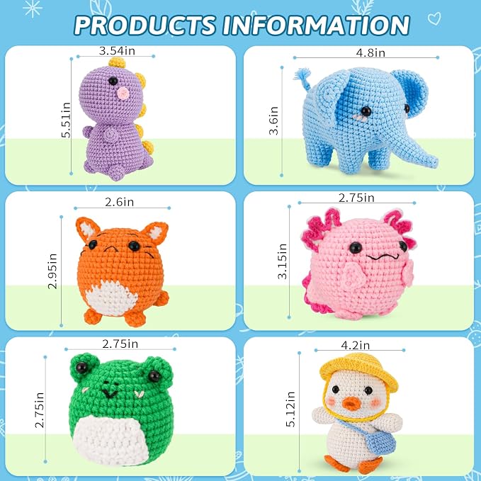Gerute 6Pcs Crochet Kit for Beginners,Crochet Animal Kit with Step-by-Step Video Tutorial, Crocheting Kit for Starters, Beginner Crochet Kits for Adult Kid Women Men Complete Kit Included （40%+ Yarn