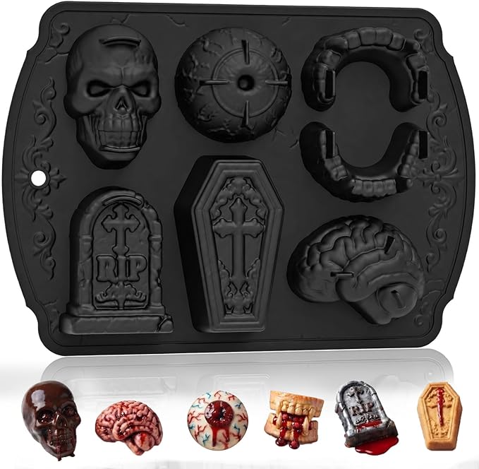 HKNMTT Skull Cake Pizza Pan 6 Spooky Shapes Halloween Silicone Baking Mold | Skull Eyeball Fangs Tombstone Coffin Brain Cake Mold for Pizza Chocolate Musse Soap Ice Cubes Non-Stick Food Grade