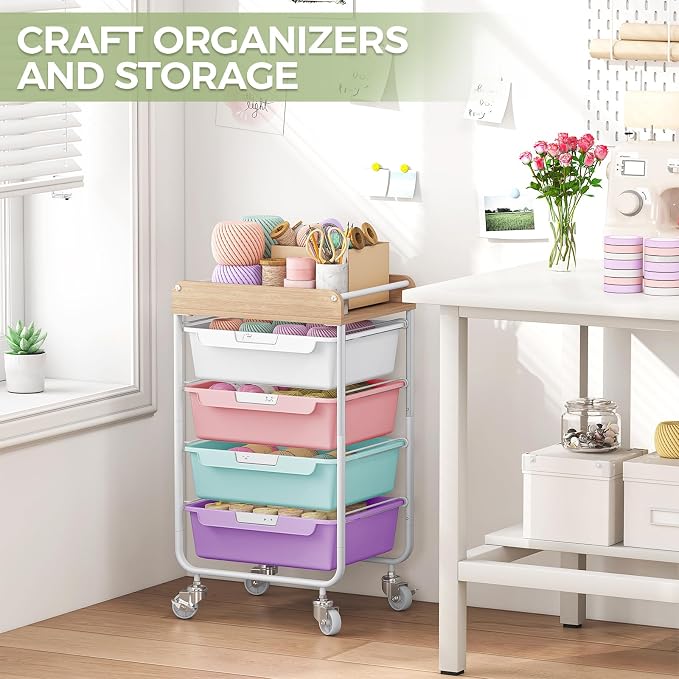 SYKIARIOL Rolling Utility Storage Cart,4 Labeled Ice Cream Colored Drawers | Art Craft Sewing Study Organizer Cart with Wooden Tabletop,for Crafters,Artists,Sewing enthusiast,Kids,Teachers,Students