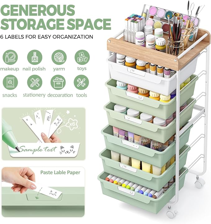 SYKIARIOL 6 Drawer Rolling Cart for Craft Storage,Utility Drawer Cart,Green | Organizer with Handle and Wooden Top,Storage on wheels for Office,Classroom,Laundry,Garage,Snack,Art Supply