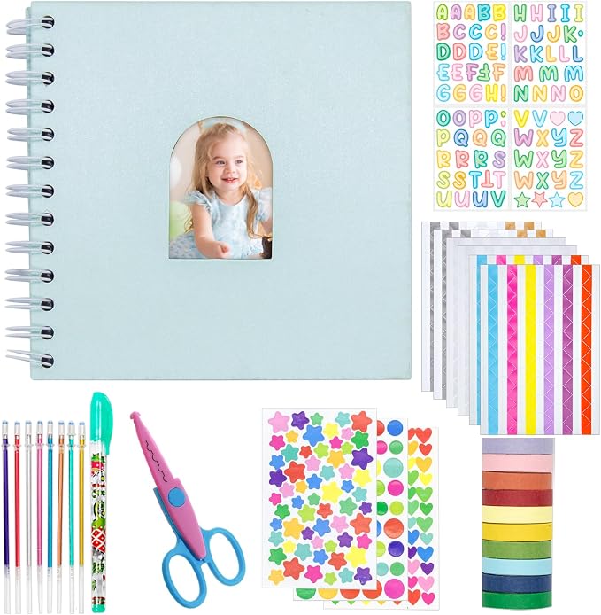 Kid Scrapbook DIY Photo Album Hard Cover Scrapbook Kit for Kids Instant Camera Print Paper with DIY Accessories (Blue)