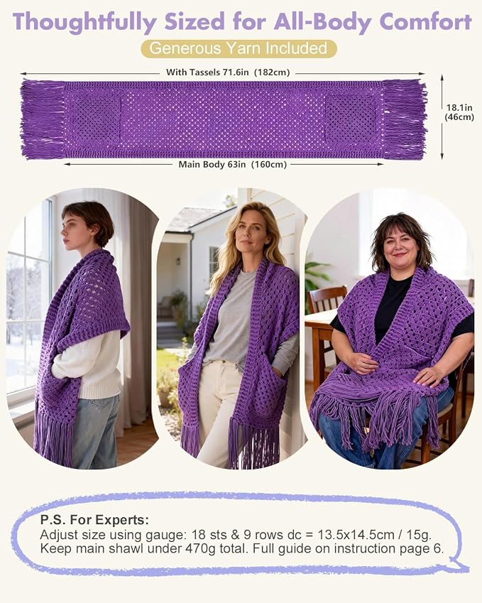 Arborthread Crochet Kit for Beginners, Easy All-Season Pocket Shawl & Scarf Crochet Kit for Adults w/Ample Premium Yarn to Fit Different Sizes, Step-by-Step Video & Instructions, Pureple