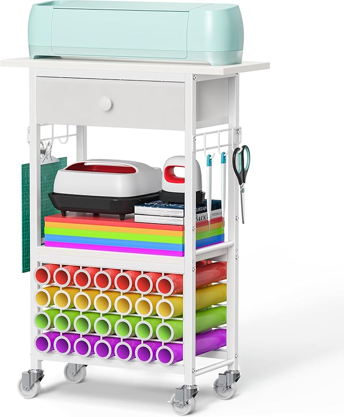 Snughome Craft Cart Compatible with Cricut Maker, Craft Organizers and Storage Table for Cricut Cart with Wheels, Drawer and 28 Vinyl Roll Holders, White, 23.6"(L) x 9.5"(D) x 31.7"(H)