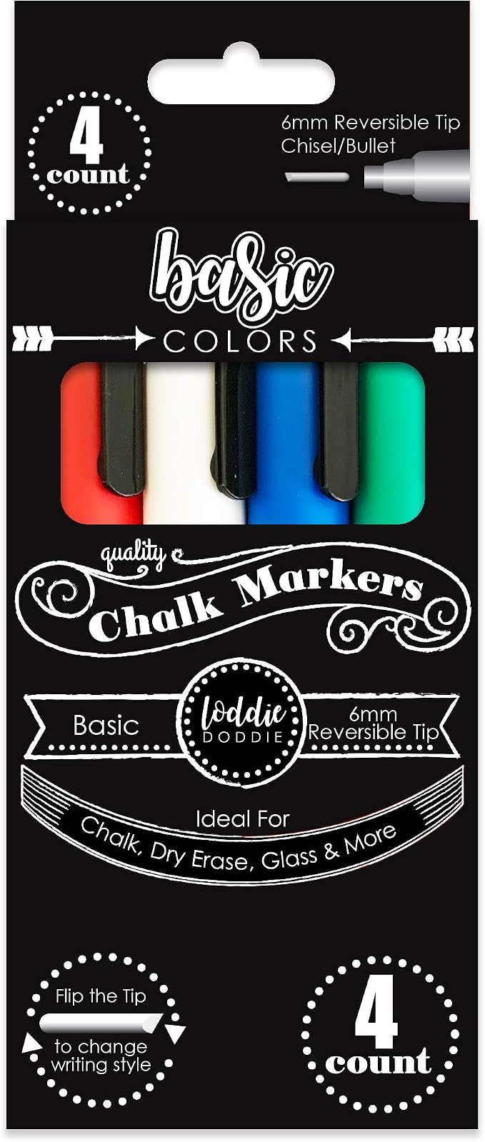 Loddie Doddie Chalk Markers, Liquid Chalk, Chalkboard Calendar, 4 Pack | 6mm Reversible Tip for Fine or Bold Lines, Washable Window Markers, Liquid Chalk Markers for Blackboard