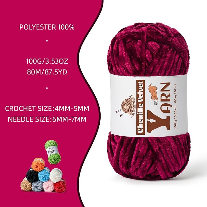 Chenille Crochet Burgundy Yarn 4 Pack