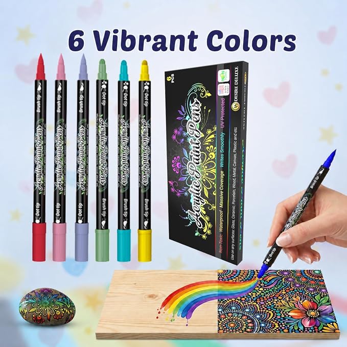 Desire Deluxe Acrylic Paint Pens for Rock Painting, Stone, Ceramic, Glass, Wood, Canvas – Set of 6 Non Toxic Water Based Markers - Great Artists Painting Supplies (Dual Tip Multicolor, 6)