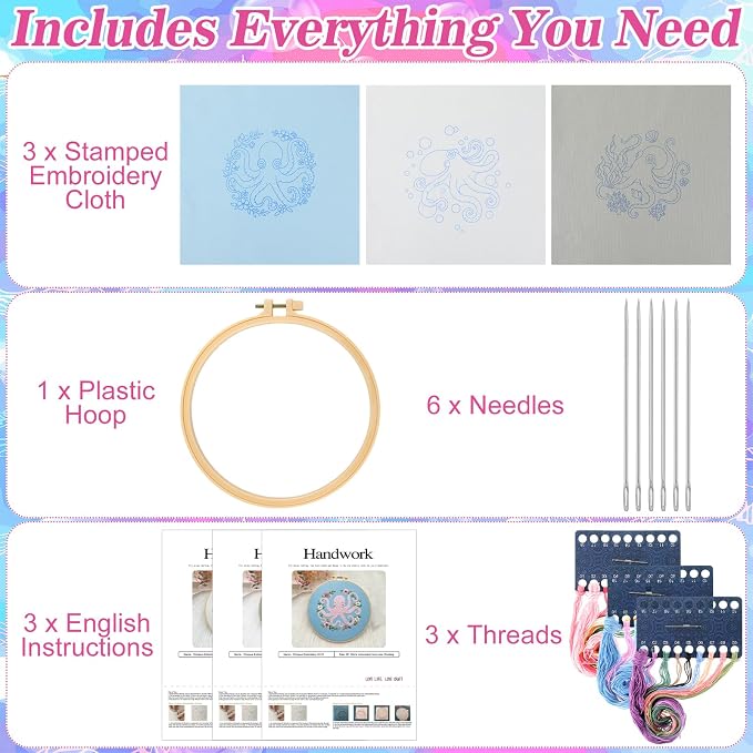 Mindsoft 3 Set Needlepoint Kit for Beginners with Hoop,Octopus | Bamboo Hoop Thread Needles Instructions, Easy Hand Embroidery for Beginners Home Crafts,Pre-stamped Funny Cute Designs