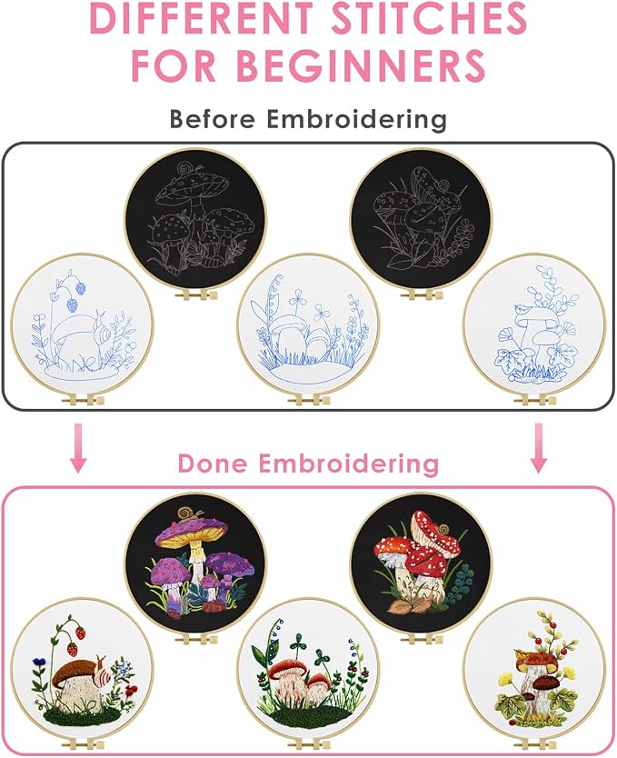 Embroidery Kit for Adult, 5 Sets Mushroom Embroidery Kit for Beginners | Include Embroidery Cloth Hoops Threads for Craft Lover Hand Stitch with Embroidery Skill Techniques