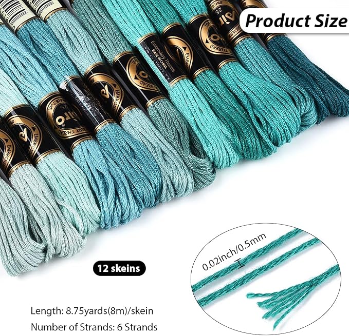12 Skeins 6 Strands Green Embroidery Floss Thread for Jewelry