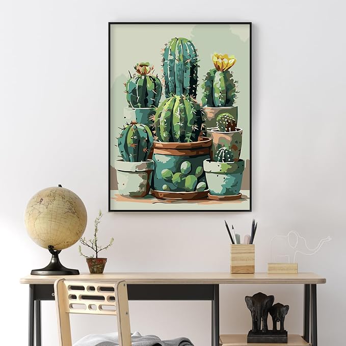 Yezavesu Cactus Framed Paint by Numbers Kit for Adults Beginner | With Frame Canvas 12x16 Inch, DIY Acrylic Painting by Numbers Cactus Plant, Stress Relief Craft Kits, Home Wall Decor Gift
