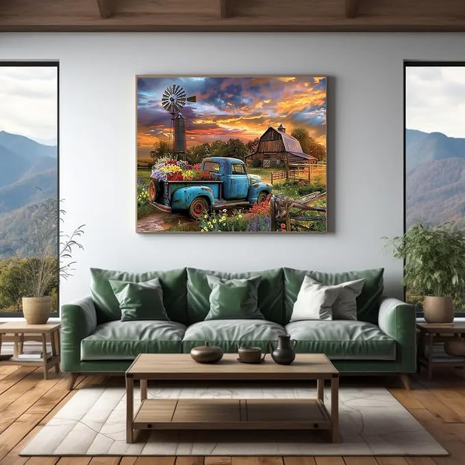 Farmhouse Truck Flower Paint by Numbers Kit for Adults Canvas,Frameworkless | Easy Adult Paint by Number Kits on Canvas DIY Truck Flower Painting for Beginners Art by Numbers for Home Wall Decor Gift