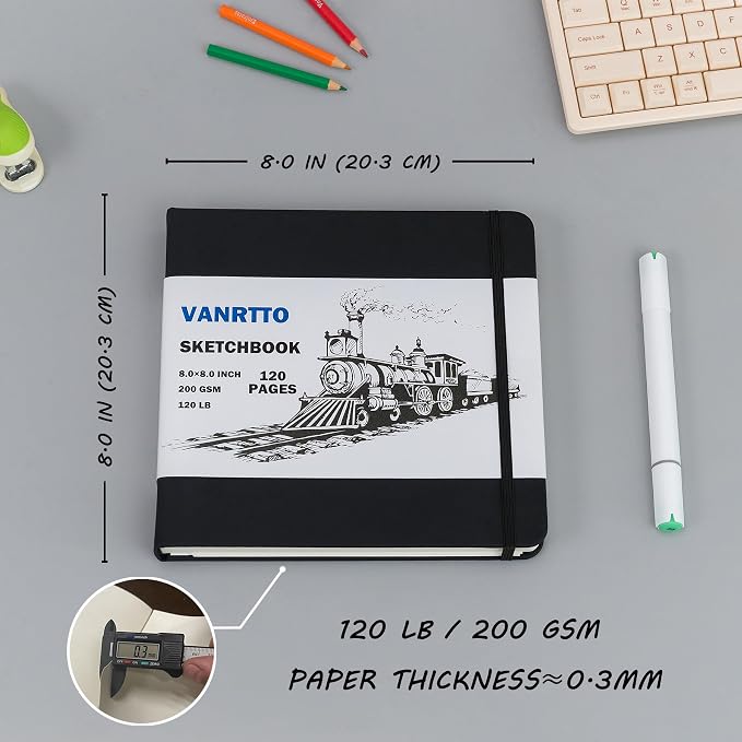 Vanrtto Hardcover Sketch Book, Square Mixed Media Sketchbook 8x8 Inch | Hardcover Square Sketch Book 120LB/200GSM Drawing Paper, 120 Pages/60 Sheets Sketch Pad for Adults, Mixed Media Sketchbook