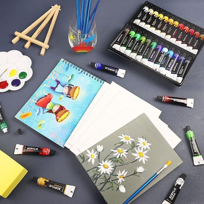 Colorful Acrylic Painting Kit, 24 Colors Paint Set with Brushes & Easel | Smooth blending, versatile art supplies for canvas painting, crafts, home project &creative gifts for beginners &artists