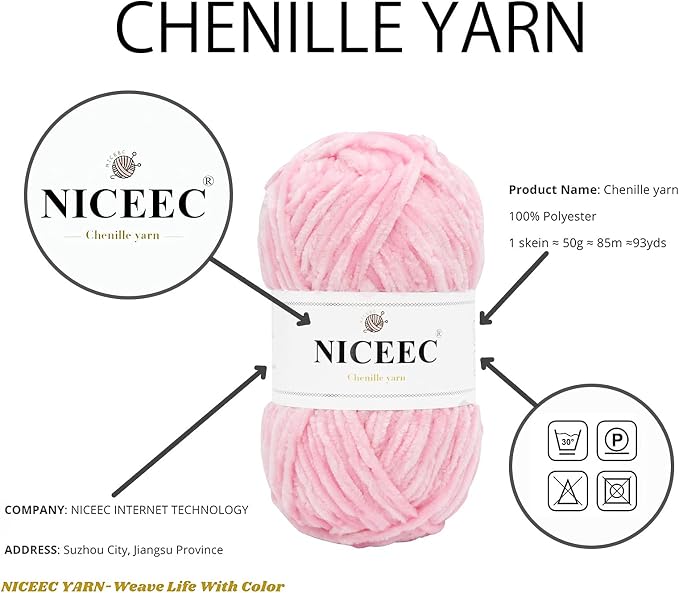 NICEEC 3 Skeins Soft Chenille Yarn 3 x85m (3X 93yds, 3X 50g)_Red Series