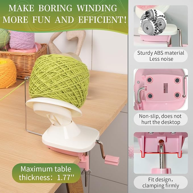 SPEENSUN 3.5 OZ Yarn Ball Winder, Low Noise Spinner for Crocheting, Pink | ABS Manual Ball Maker with Non-Slip Table Clamp, Easy Install Knitting Tool, Smooth Operationfor Yarns Below Size 5