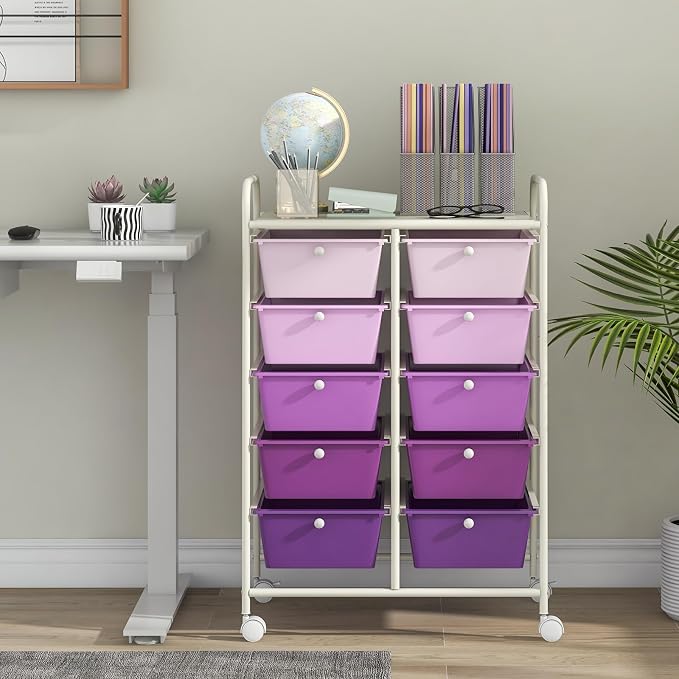 Giantex 10 Drawers Rolling Cart, Classroom Organizers, Storage Cart with Wheels, for Teacher Office Home School Supplies Tool Craft Art Paper, Purple Gradient