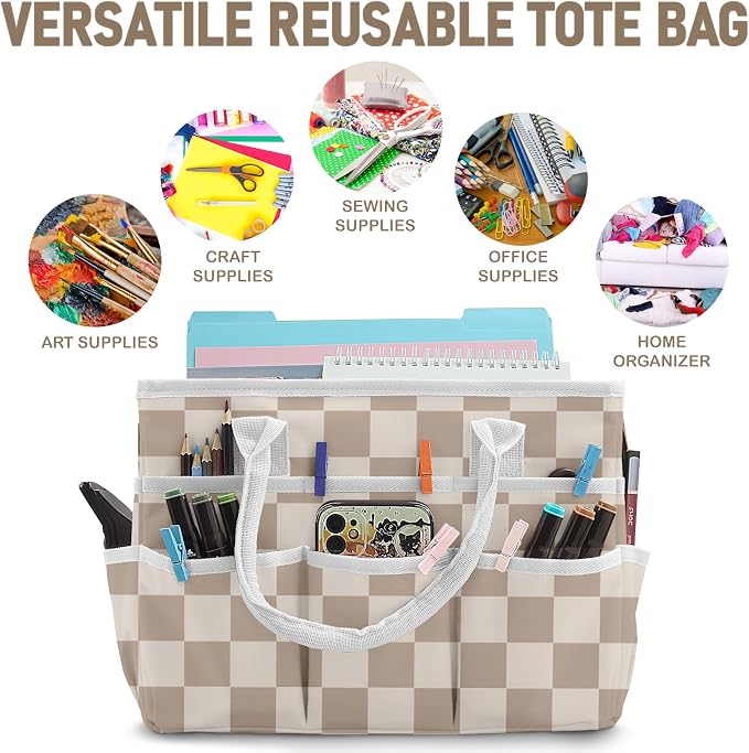 Cupohus Art Organizer Craft Storage Tote Bag with Handles Checkered