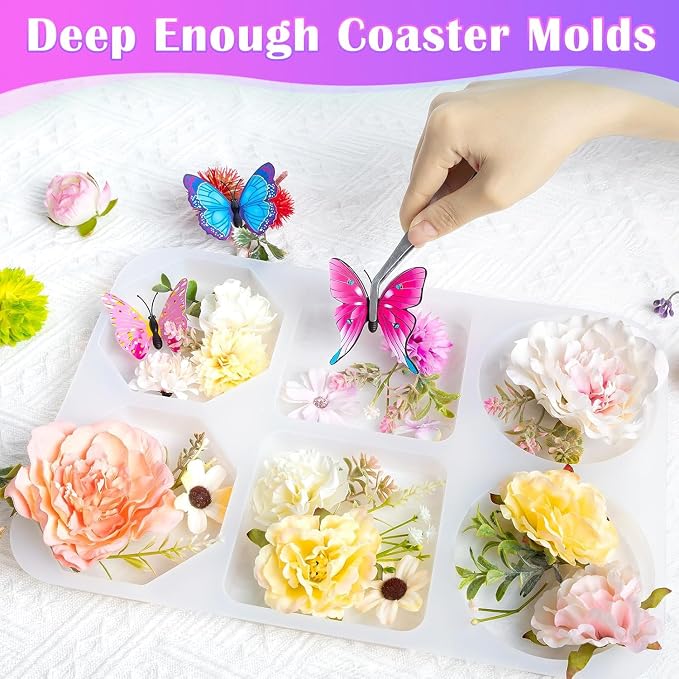 2pc Deep Coaster Resin Molds Silicone Octagon Round Square Silicone Molds for Resin Epoxy Resin Casting Craft Mold for Flower Preservation DIY Art (Mixed)