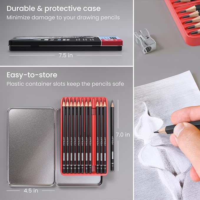 ARTEZA Drawing Sketch Pencils Set of 12, Graphite Pencils 6B to 4H, Pre-Sharpened Art Pencils in Metal Tin for Sketching, Shading, Drawing, Blending, and Detail Work | Pre-Sharpened Wooden Barrels, Metal Tin Included, For Shading, Blending, Outlining, ...