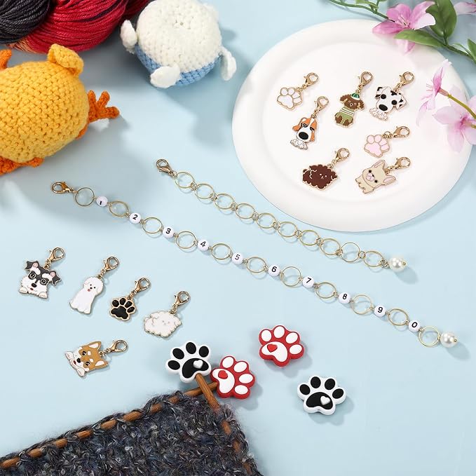 COGCHARGER DIY Knitting Tool Sets 18Pcs Including Dog Alloy Enamel Crochet Stitch Markers Knitting Row Counter Chains Silicone Knitting Needle Stoppers for Knitting Project