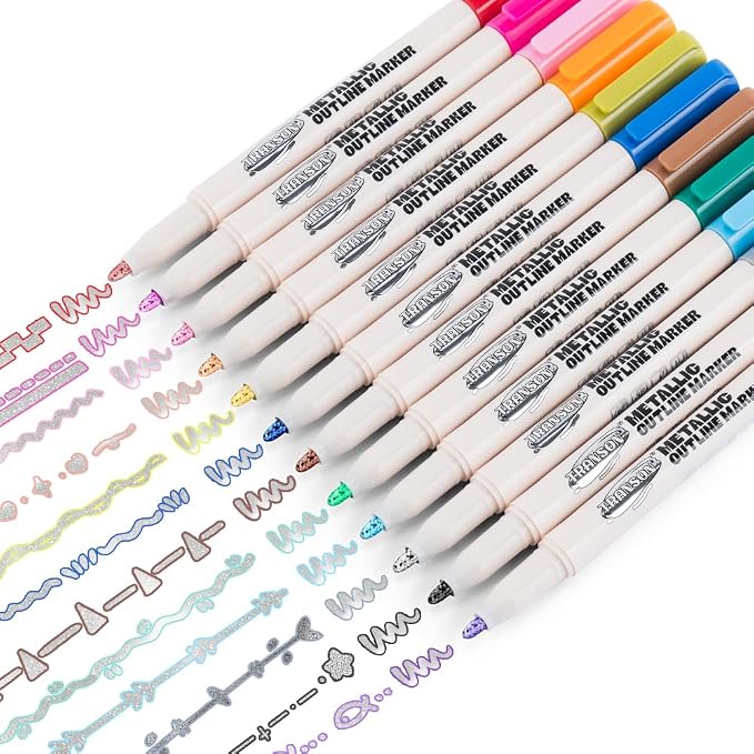 TRANSON 12pcs Outline Shimmering Markers with Metallic for Fun Art Drawing Craft DIY
