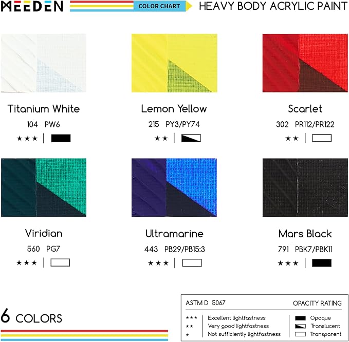 MEEDEN Heavy Body Acrylic Paint: Basic Satin Finish 6 x 60ml (2 oz) Tubes | Primary Colors Paint Set for Adults, Rich Pigment Art Craft Paints for Wood Glass Ceramic Painting Halloween Pumpkin