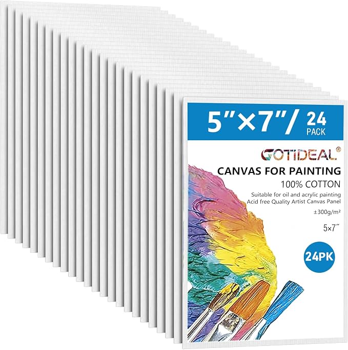 GOTIDEAL Canvases for Painting, 5x7 inch of 24 Pack, 100% Cotton | Professional Primed White Blank Flat Canvas Panels, Artist Canvas Boards for Acrylics Painting, Oil Watercolor Tempera