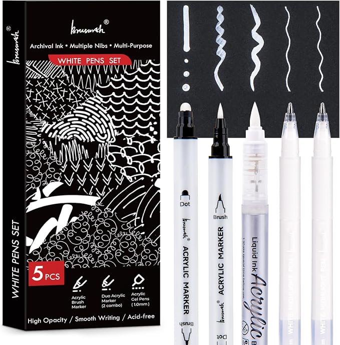 Brusarth White Pens Set, White Gel Pens, Dual-Tip Acrylic Paint Pen | Brush Tip Acrylic Markers Pens for Black Paper Drawing, Sketching, Illustration, Card Making, Bullet Journaling